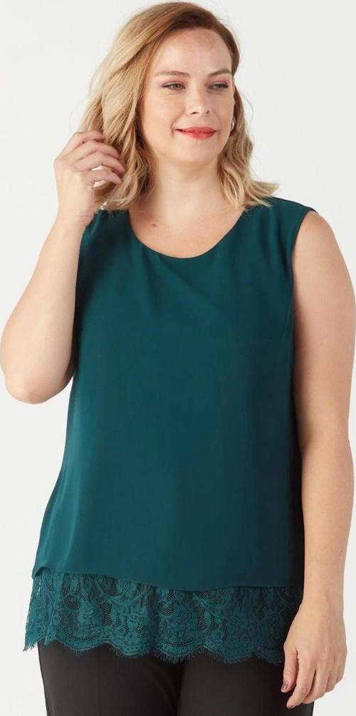 3207 Etek Ucu Dantelli Şifon Büyük Beden Şık Bluz Yeşil
