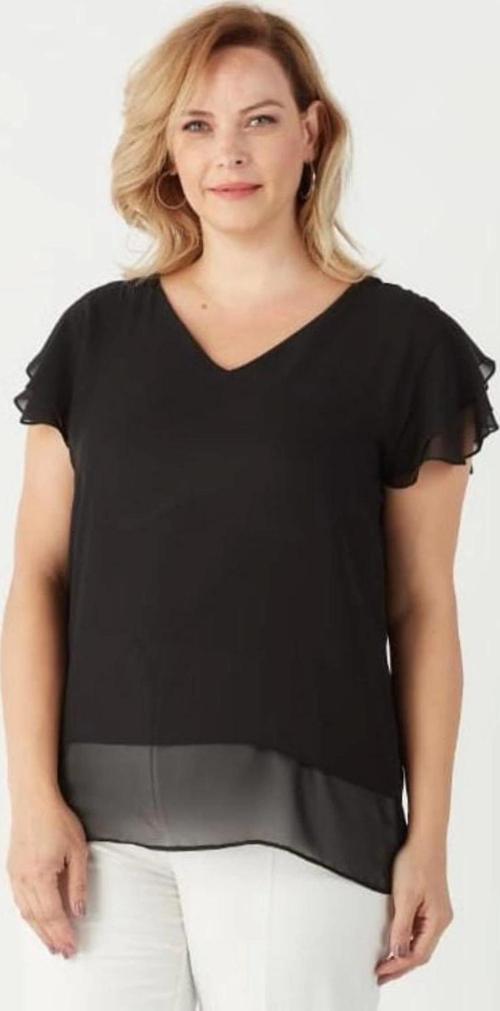 3249 Omuz Fırfırlı Şifon Büyük Beden Şık Bluz Siyah