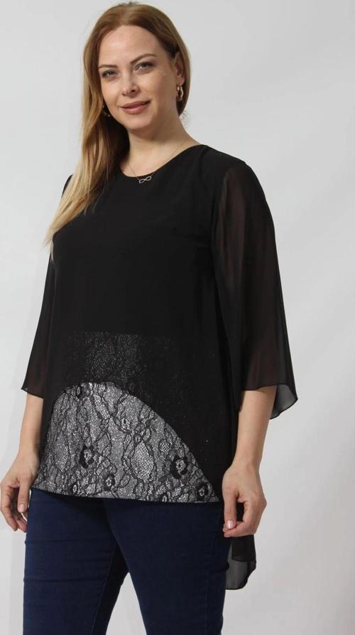 4048 Şifon -Simli Dantel Kombinli Büyük Beden Bluz Siyah