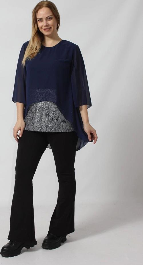 4048 Şifon -Simli Dantel Kombinli Büyük Beden Bluz Lacivert