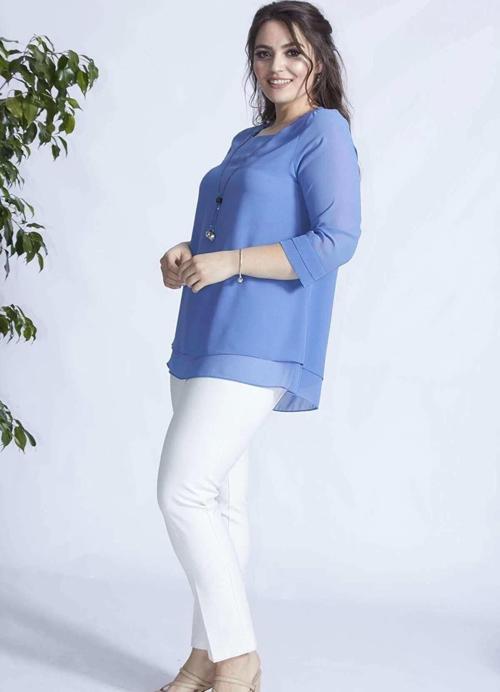 1934 Kolyeli Şifon Büyük Beden Şık Bluz Indigo