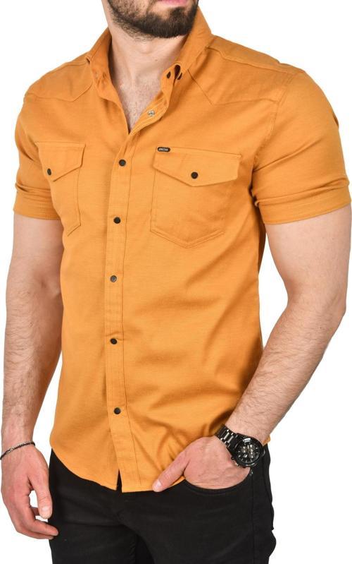 Erkek Hardal Sarısı Slim Fit Pamuklu Likralı Kısa Kol Gömlek Kolay Ütülenebilir Çıt Çıtlı Cepli Spor Gömlek 2400253