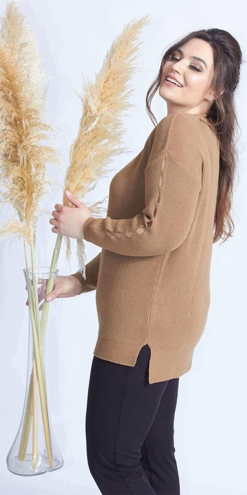 4006 Cappuccino Kol Delikli Büyük Beden Örme Triko