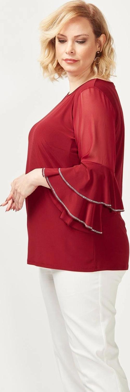4043 Bordo Kolları Volanlı Esnek Şık Taşlı Büyük Beden Bluz