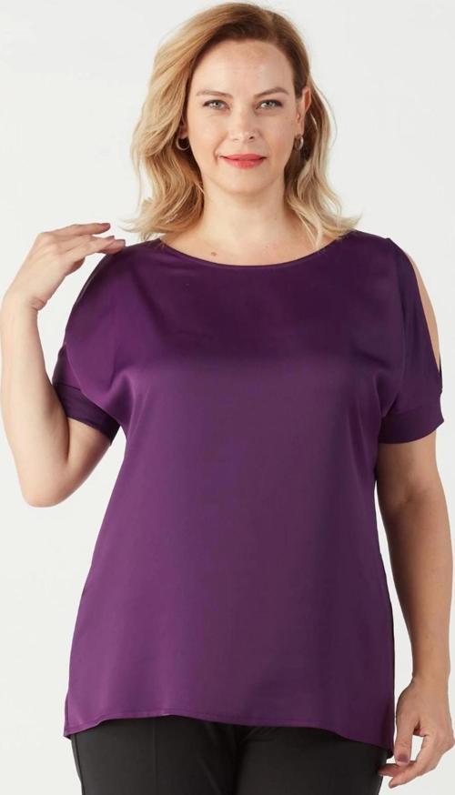 3235 Açık Omuz Detaylı Saten Büyük Beden Şık Bluz Mürdüm