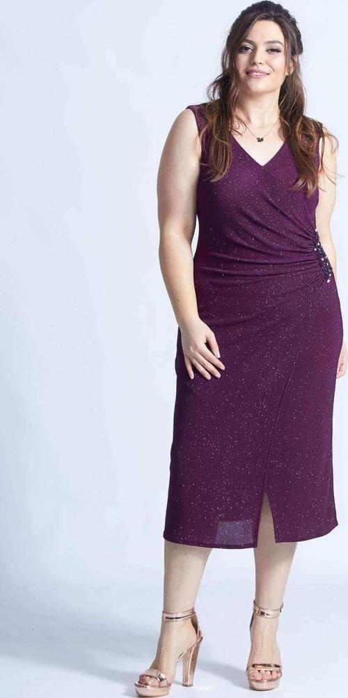 8005 Mürdüm Simli Esnek Kumaş Beli Işlemeli Büyük Beden Elbise