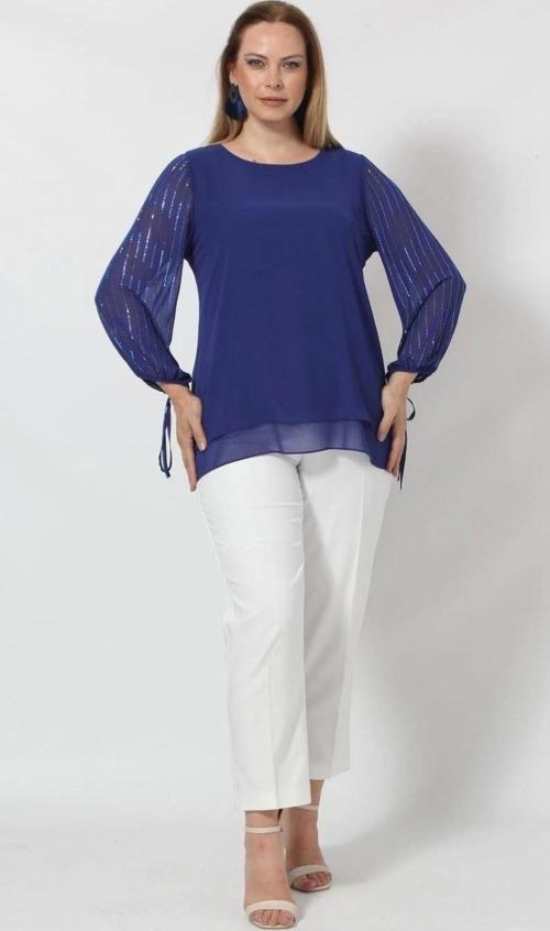 3243 Kolu Taş Baskılı Şık Bluz Lacivert