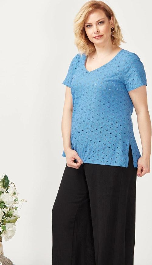 3204 Fistolu Kısa Kollu Büyük Beden Şık Bluz Mavi