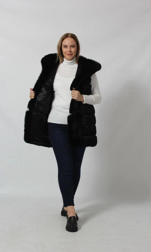 Etekten Kısalabilen Kapüşonlu Lüks Suni Kürk Yelek