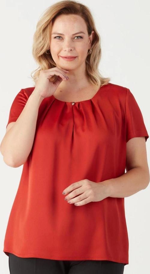 3202 Damla Yaka Saten Kısa Kollu Büyük Beden Şık Bluz Tarçın