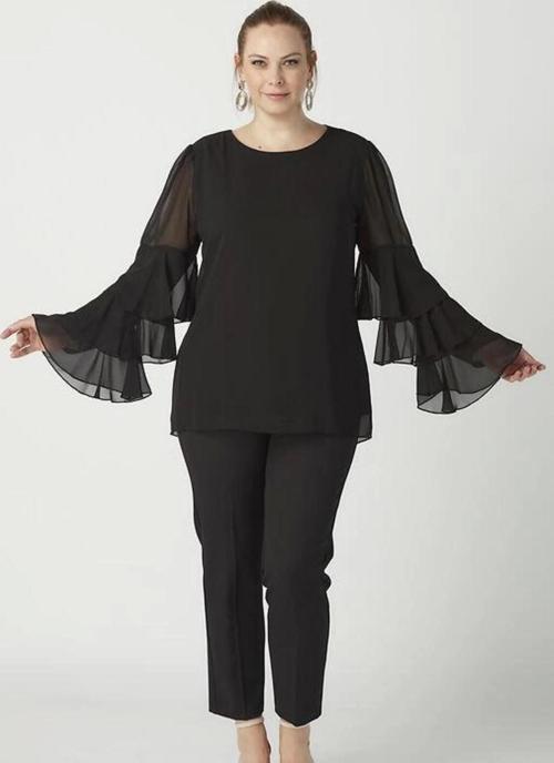 28009 Kolları Fırfırlı Büyük Beden Bluz Siyah