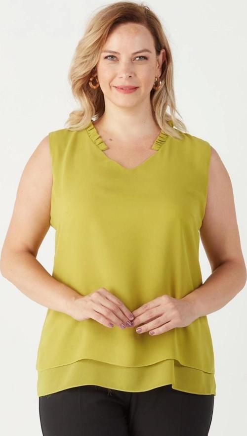 3241 Yaka Fırfırlı Kolsuz Büyük Beden Şık Bluz Yağ Yeşili