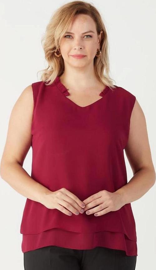 3241 Yaka Fırfırlı Kolsuz Büyük Beden Şık Bluz Bordo