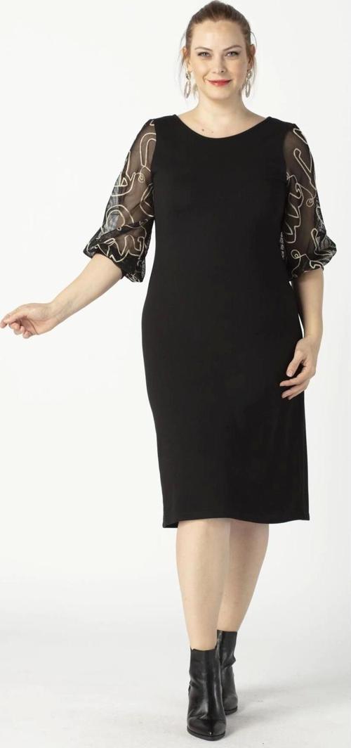 1958 Siyah Kolu Fileli Desenli Esnek Büyük Beden Triko Elbise