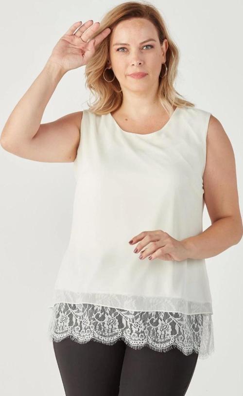 3207 Etek Ucu Dantelli Şifon Büyük Beden Şık Bluz Beyaz