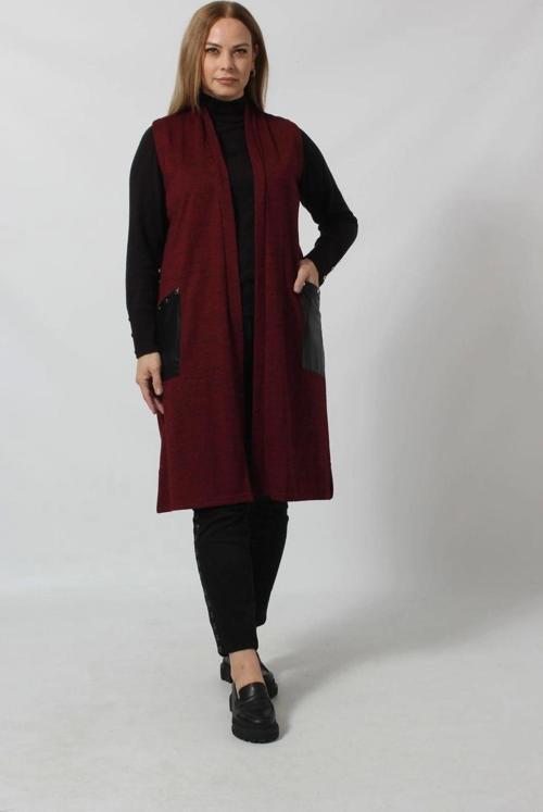 Deri Cep Detaylı Uzun Triko Yelek