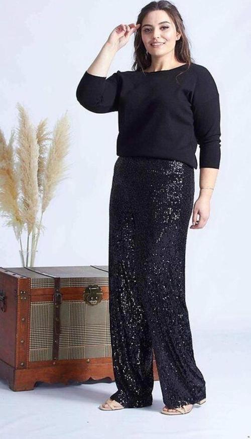 4024 Siyah Payetli Büyük Beden Pantolon