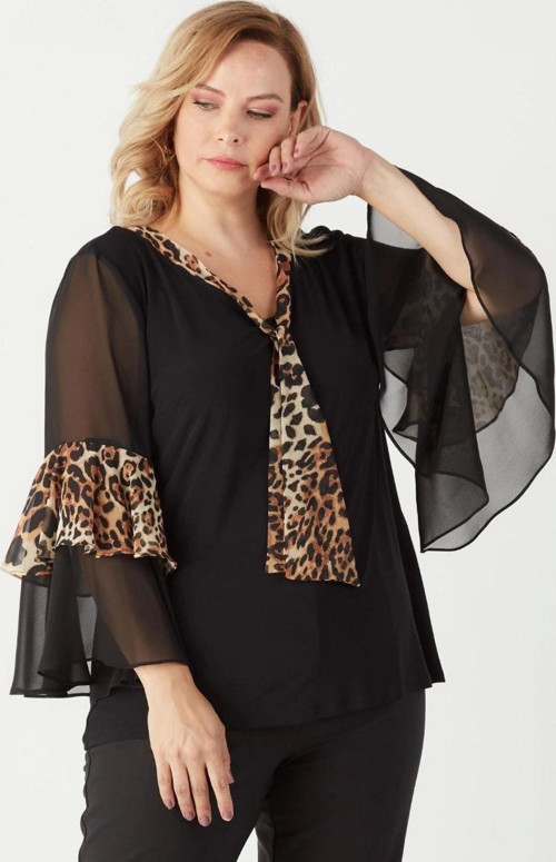 4039 Leopar Desenli Volan Kollu Büyük Beden Bluz Siyah