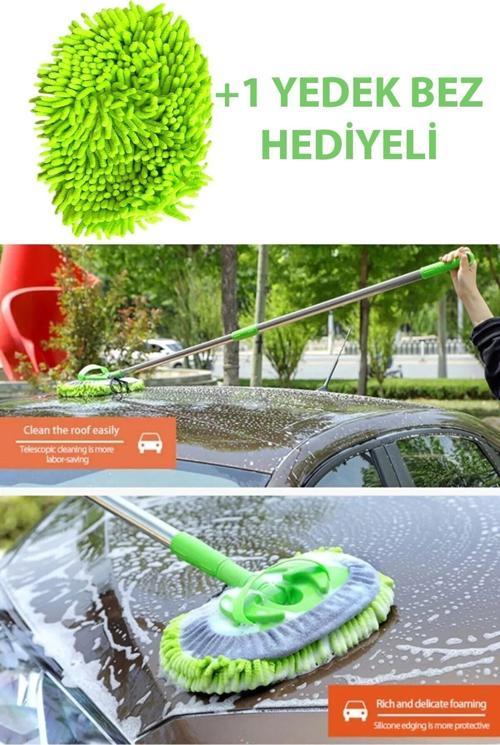 Araba Yıkama Fırçası Oto Yıkama Mop Mikrofiber Bezli Teleskopik Saplı 1 Yedek Bez Hediyeli