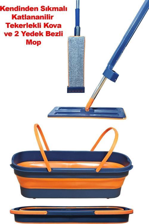 Kendinden Sıkmalı Mop Tekerlekli Kovalı 1 Yedek Bez Hediyeli Mop Seti