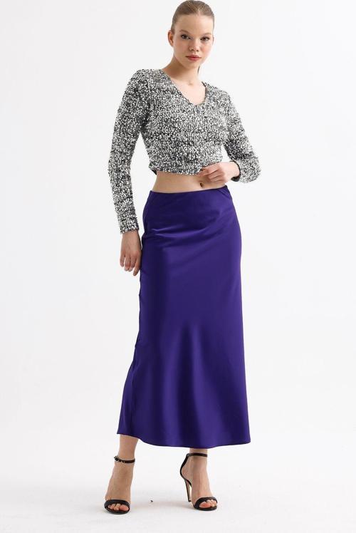 Beli Lastikli Kaliteli Z. Saten Uzun Etek | Etk35736 Saks