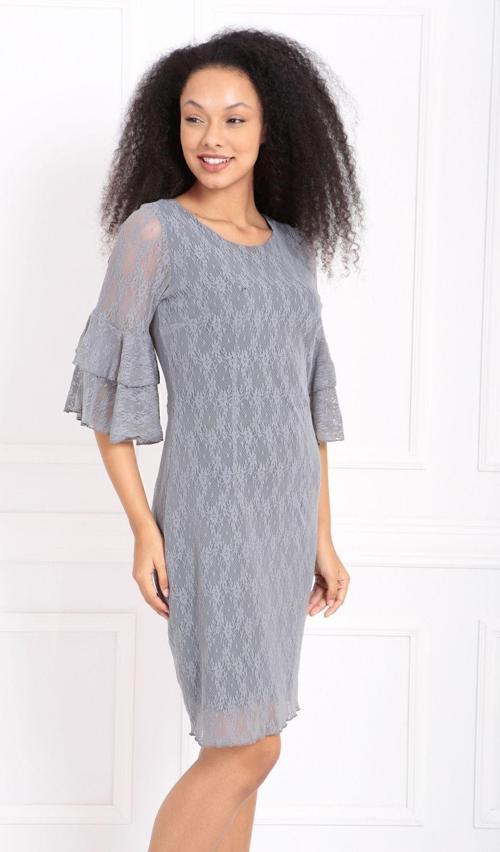 Güpür Kolları Volanlı Elbise | Elb31293 Grı
