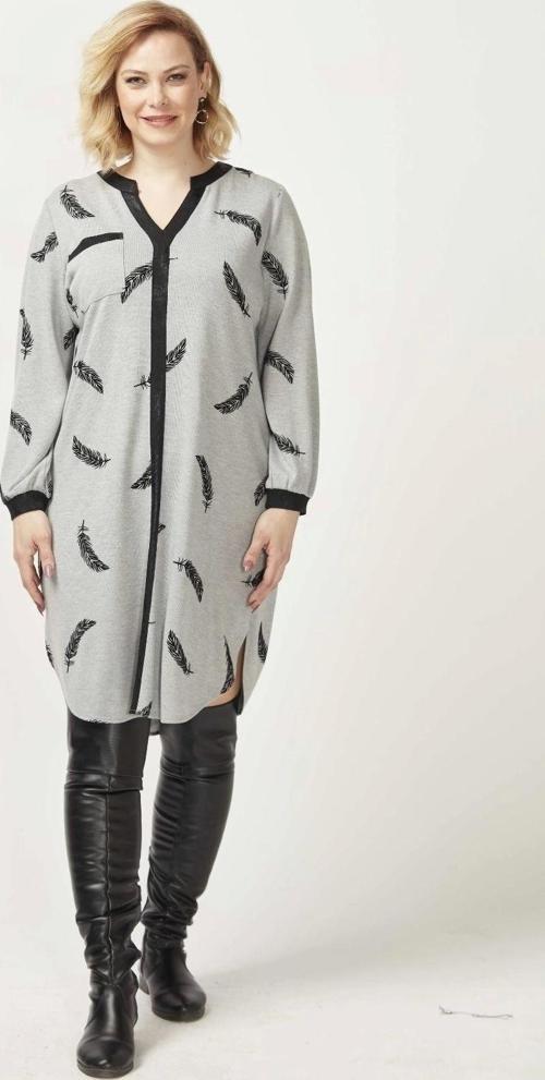 1956 Gri Tüy Desenli Uzun Kollu Esnek Büyük Beden Triko Elbise