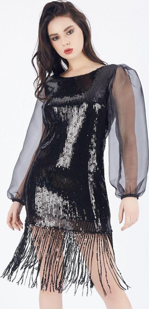 Kolları Organze Payetli Abiye Elbise Siyah