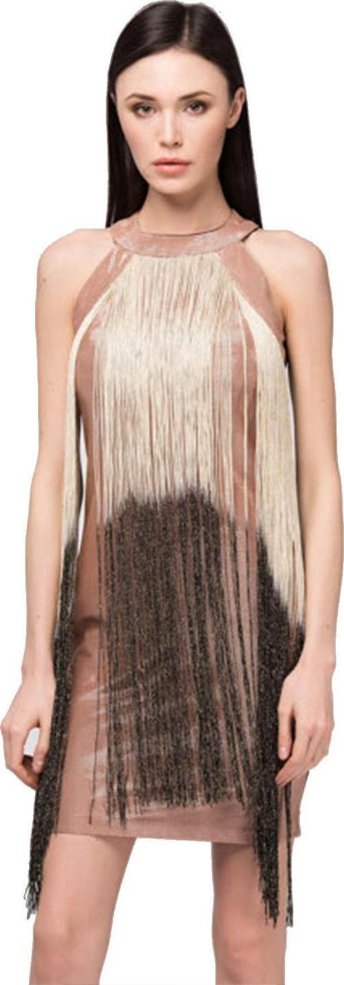 Simli Püskül Detaylı Abiye Elbise | Elb31269 Pudra