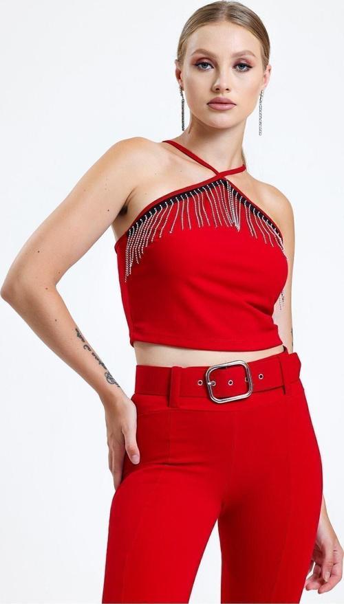 Göğüs Taşlı Zincir Şeritli Scuba Krep Bluz | Blz34824 Kırmızı