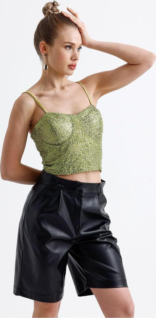 Gloplu Arkası Fermuarlı Payet Bustiyer Bst33154 Fıstık Yeşili