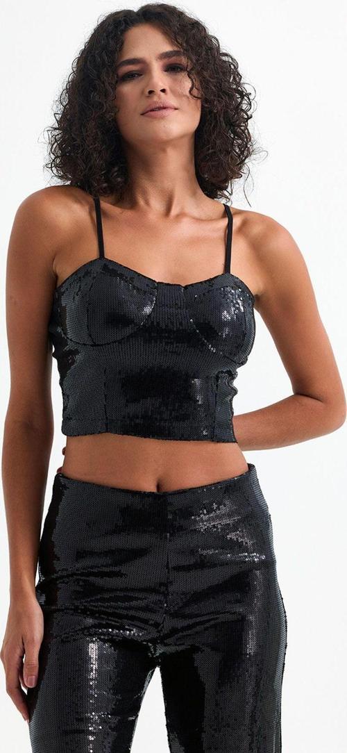 Gloplu Fermuarlı Pul Payet Bustiyer | Bus32675 Siyah