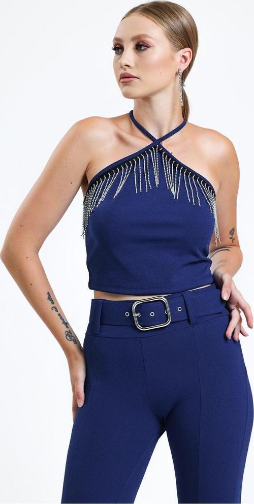 Göğüs Taşlı Zincir Şeritli Scuba Krep Bluz | Blz34824 Saks