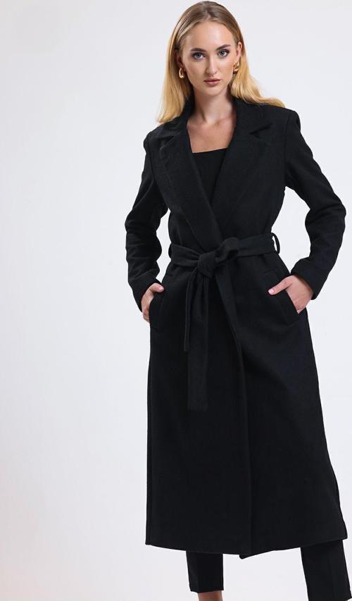 Yırtmaç Detaylı Kuşaklı Uzun Kaşe Kaban | Kbn34637 Siyah