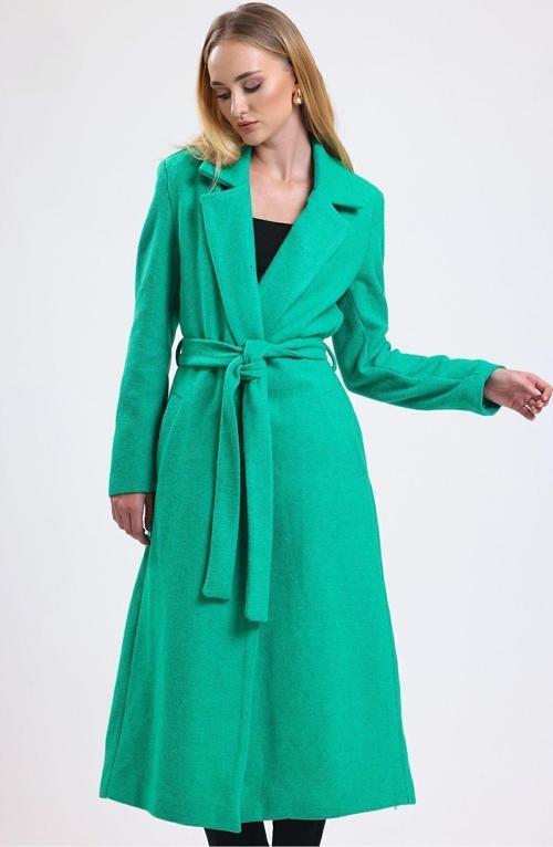 Yırtmaç Detaylı Kuşaklı Uzun Kaşe Kaban | Kbn34637 Yesıl