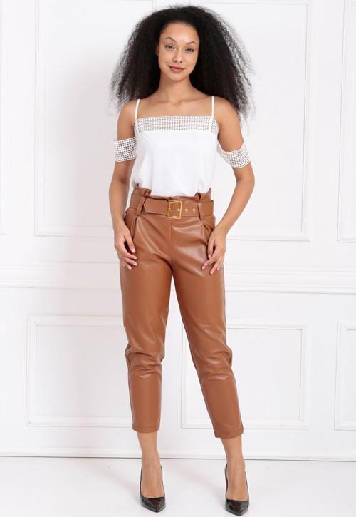 Kemerli Yüksek Bel Yandana Gizli Fermuarlı Deri Pantolon | Pnt33134 Taba