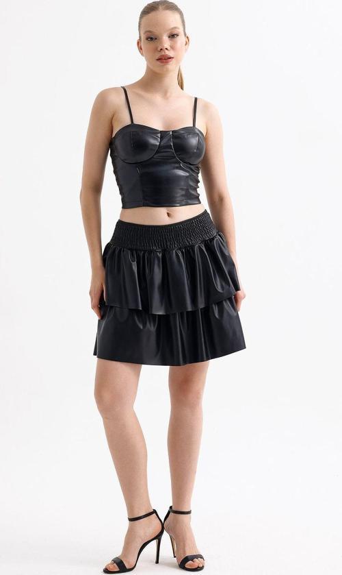 Suni Deri Gibeli Volonlu Kloş Mini Etek | Etk35846 Siyah