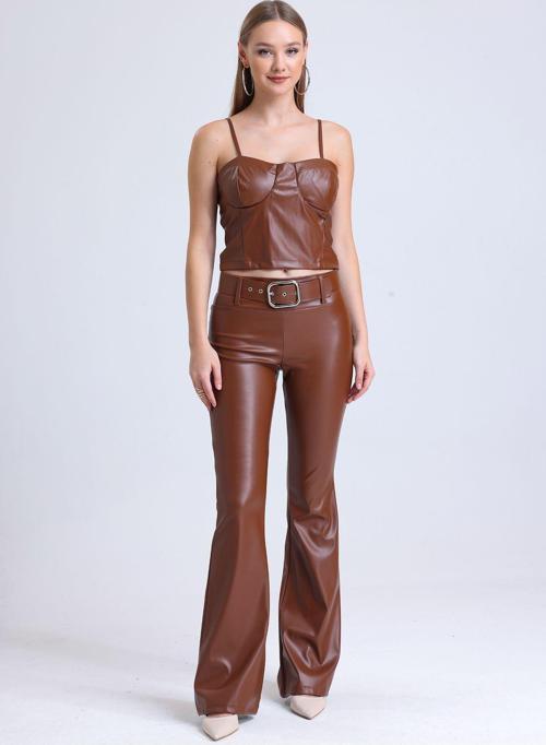 Kemerli Ispanyol Paça Suni Deri Pantolon Pnt33313 Taba