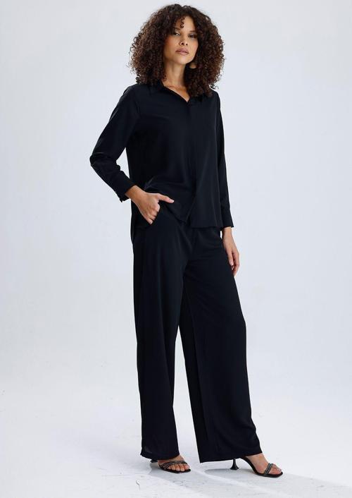 Esnek Bel Cep Detaylı Bol Paça Dupai Pantolon | Pnt36144 Siyah