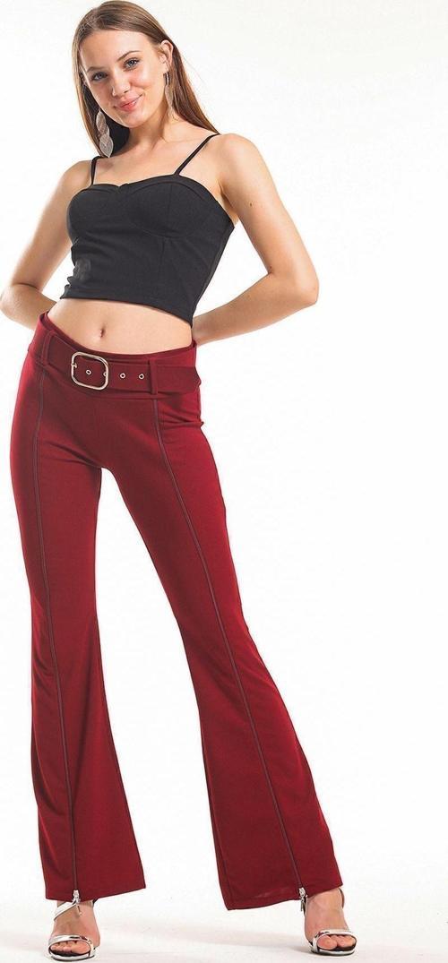 Kemerli Önden Fermuarlı Scuba Krep Pantolon Pnt33379 Bordo