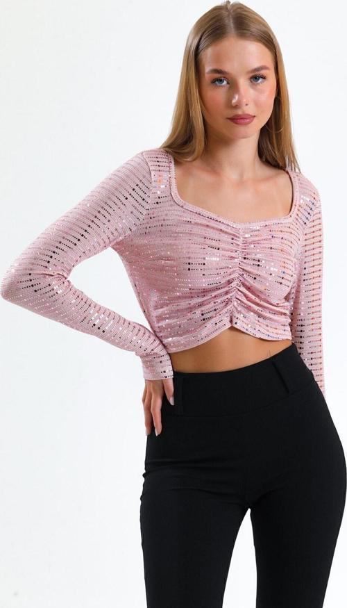 Uzun Kol Önü Lastik Büzgülü Buzi Payet Bluz Blz34189 Pembe
