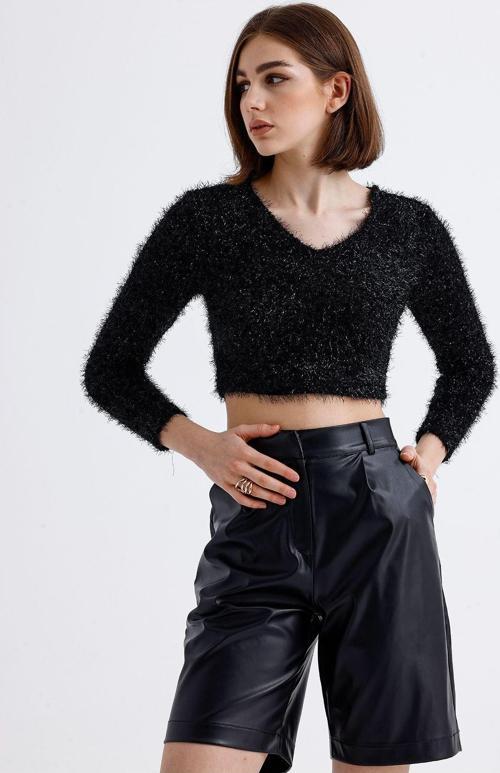 Simli Sakallı Abiye Crop Bluz | Blz35283 Siyah
