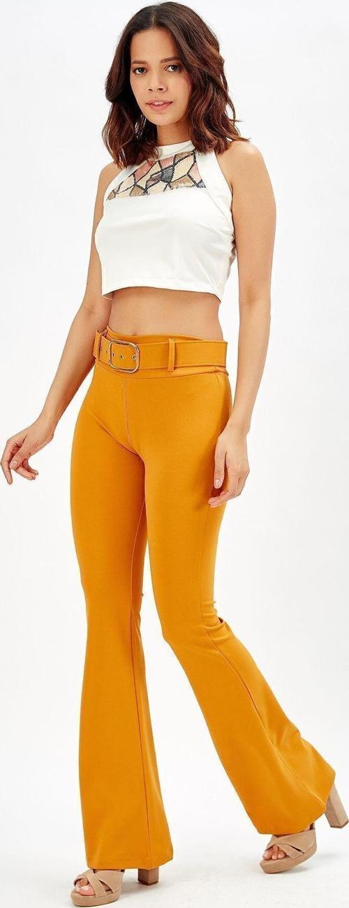 İspanyol Paça Kemerli Örme Kumaş Pantolon Pnt32439 Safran