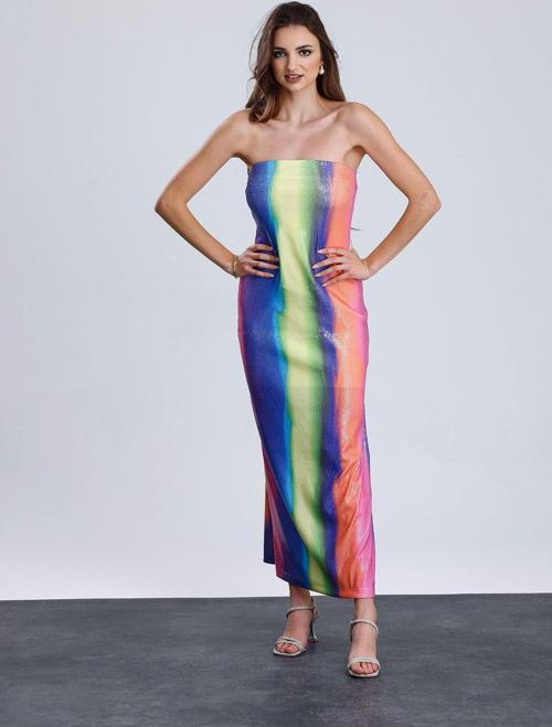 Astarlı Straplez Abiye Pul Payet Elbise |  Elb34886 Gökkuşağı