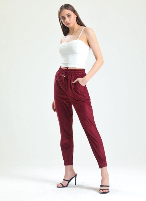 Beli Ve Paçaları Lastikli Süet Pantolon | Pnt33895 Bordo