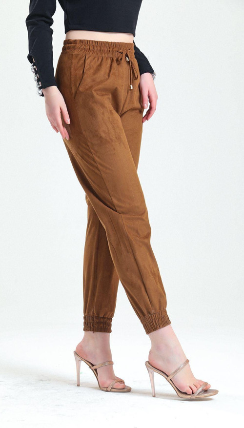 Beli Ve Paçaları Lastikli Süet Pantolon | Pnt33895 Kahve