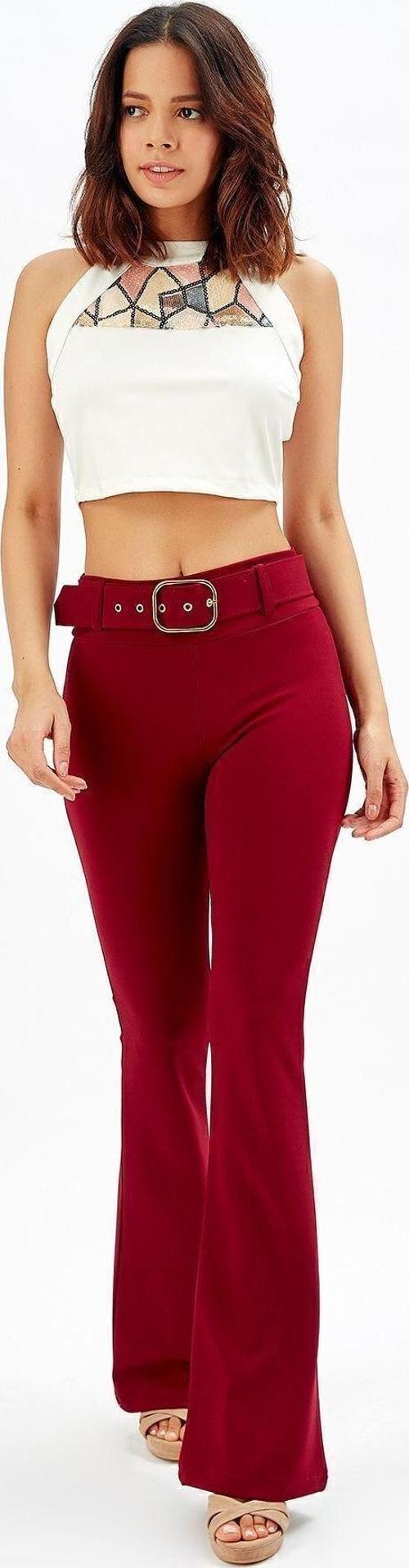 İspanyol Paça Kemerli Örme Kumaş Pantolon Pnt32439 Bordo