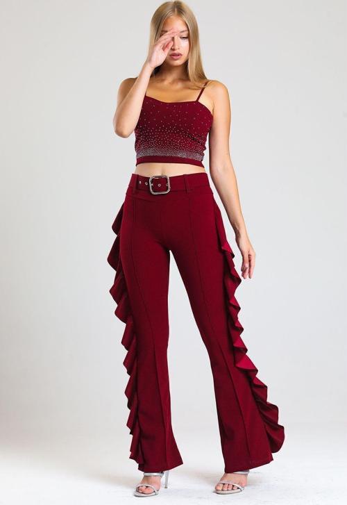 Sarı Toka Kemerli Yandan Volanlu Scuba Krep Pantolon_Pnt32717 Bordo