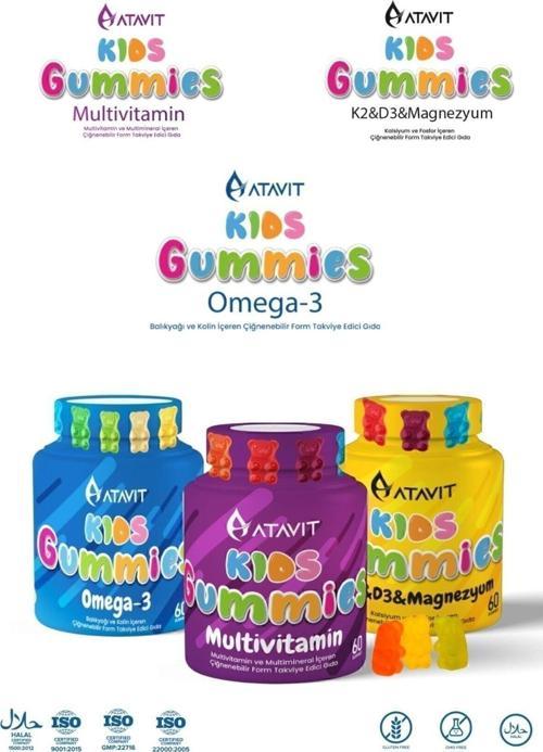 Omega 3, D3 K2 , Magnezyum Multivitamin Süper 3 lü Gummıes Kıds