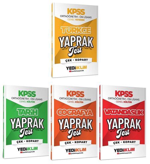 Yediiklim 2026 KPSS Lise Ortaöğretim Ön Lisans Türkçe + Tarih + Coğrafya + Vatandaşlık Yaprak Test 4 lü Set Yediiklim Ya